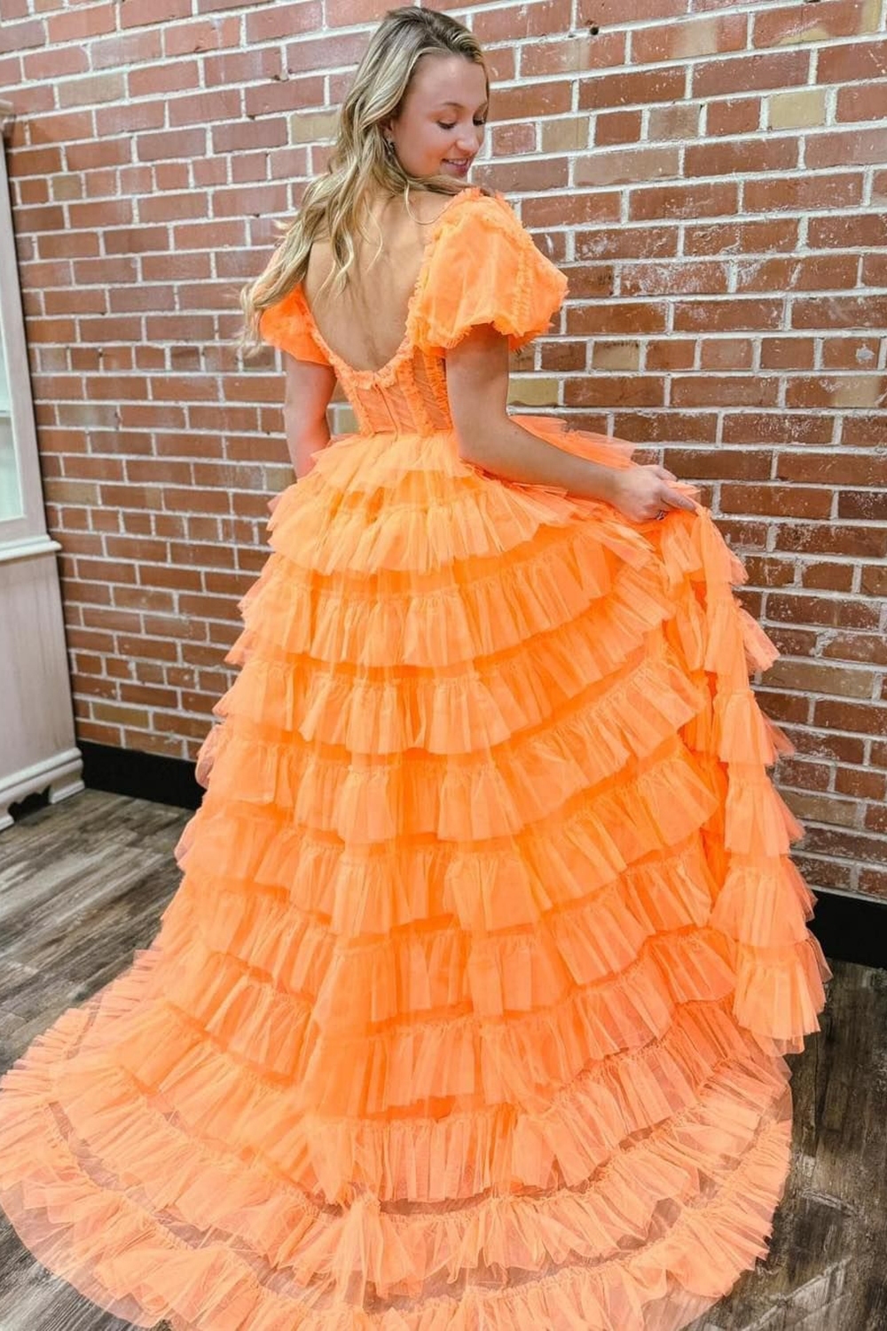 Orange Off the Shoulder A-Line Tulle Tiered Long Corset Prom Dress with Slit