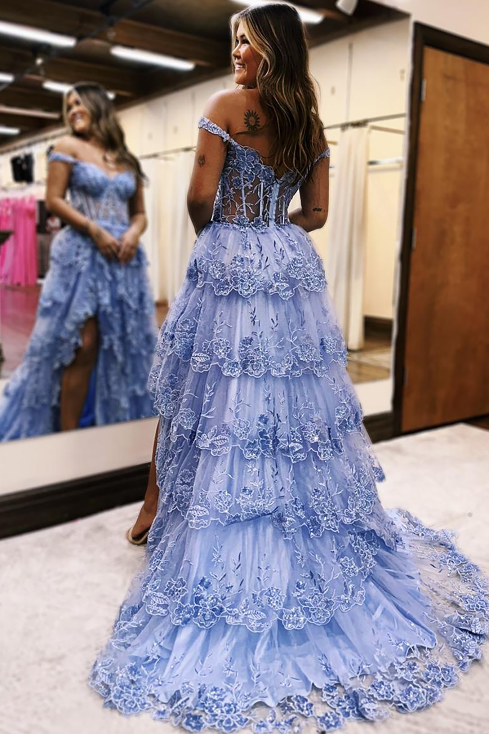 Grey Blue A-Line Off the Shoulder Tulle Tiered Long Corset Prom Dress with Slit