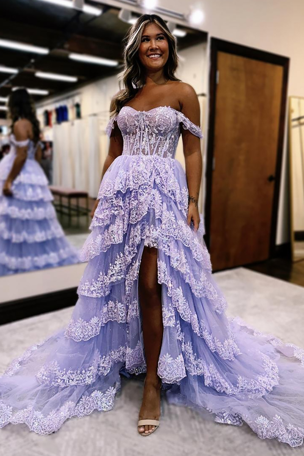 Grey Blue A-Line Off the Shoulder Tiered Long Corset Prom Dress with Slit