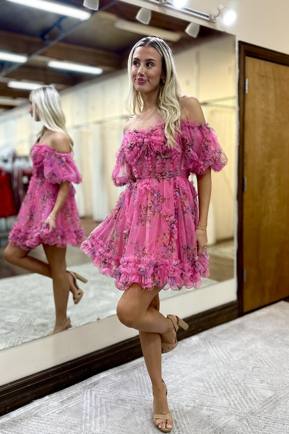 Pink Printed Off the Shoulder A Line Short Homecoming Dress with Puff Sleeves