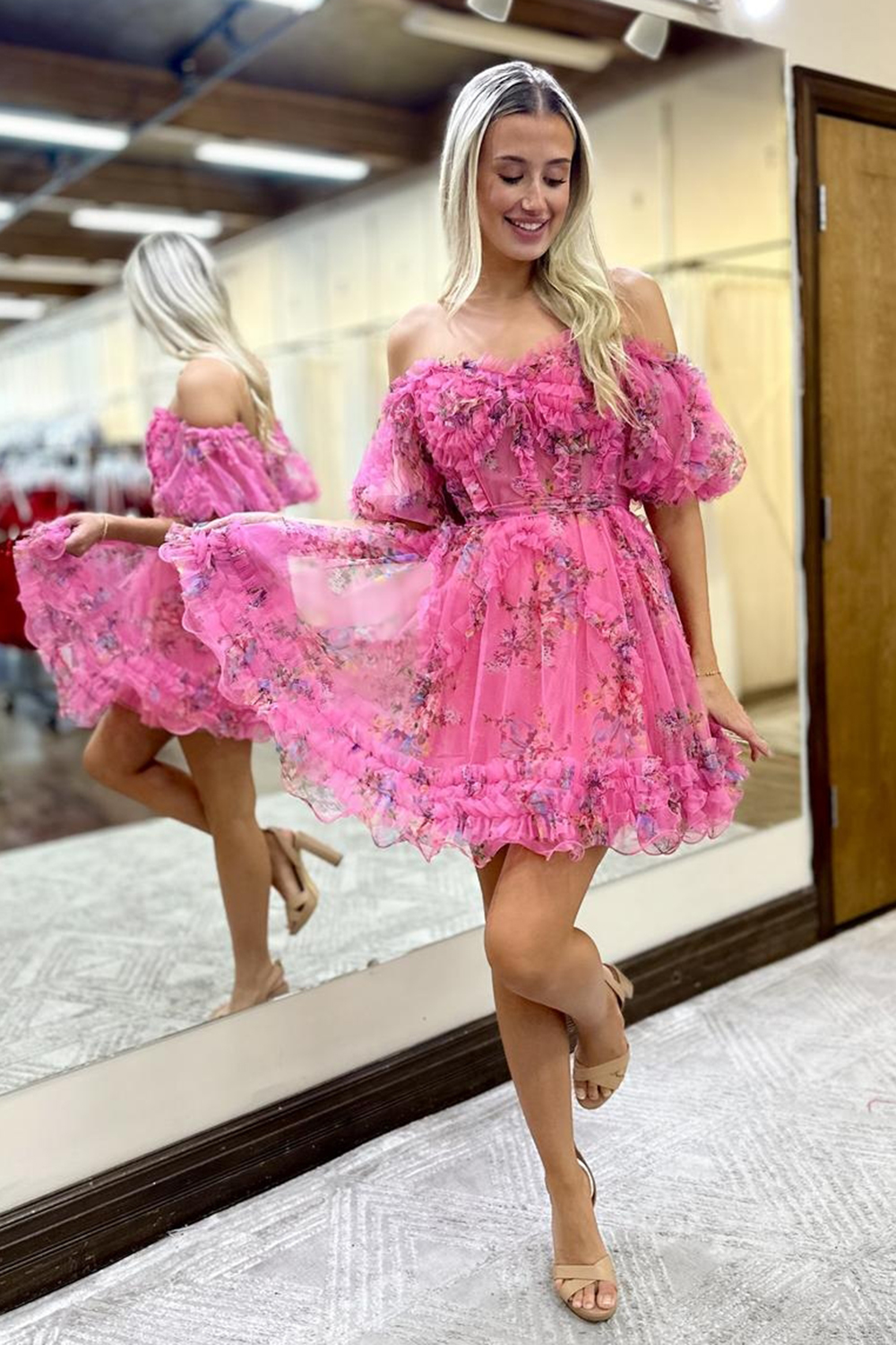 Pink Printed Off the Shoulder A Line Short Homecoming Dress with Puff Sleeves