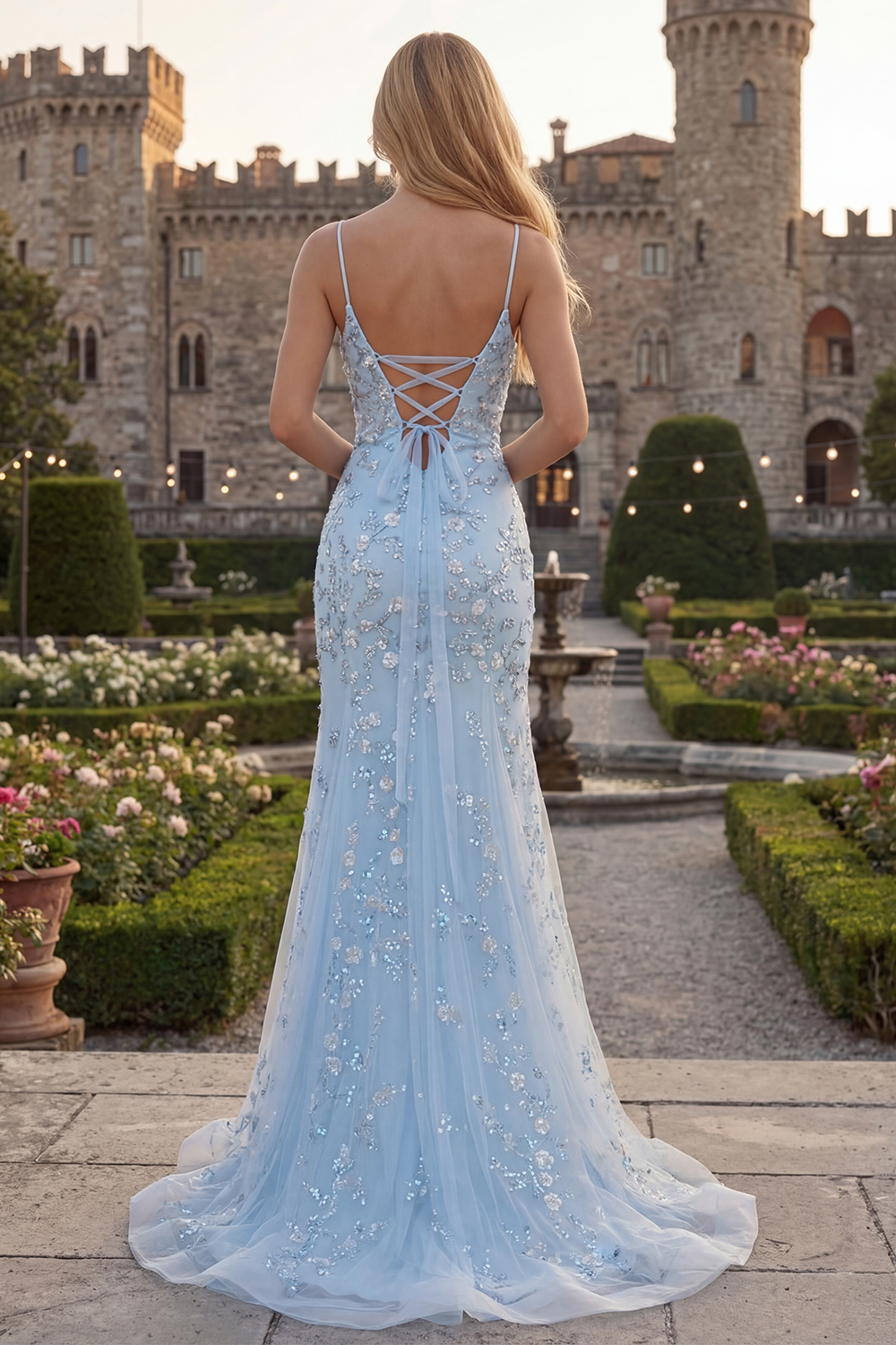 Gorgeous Mermaid Spaghetti Straps Blue Long Prom Dress with Appliques