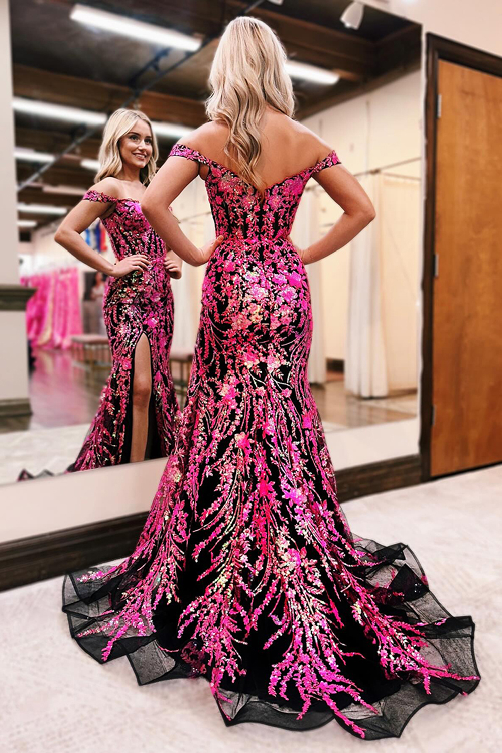 Sparkly Fuchsia Off the Shoulder Tiered Sequins Long Prom Dress