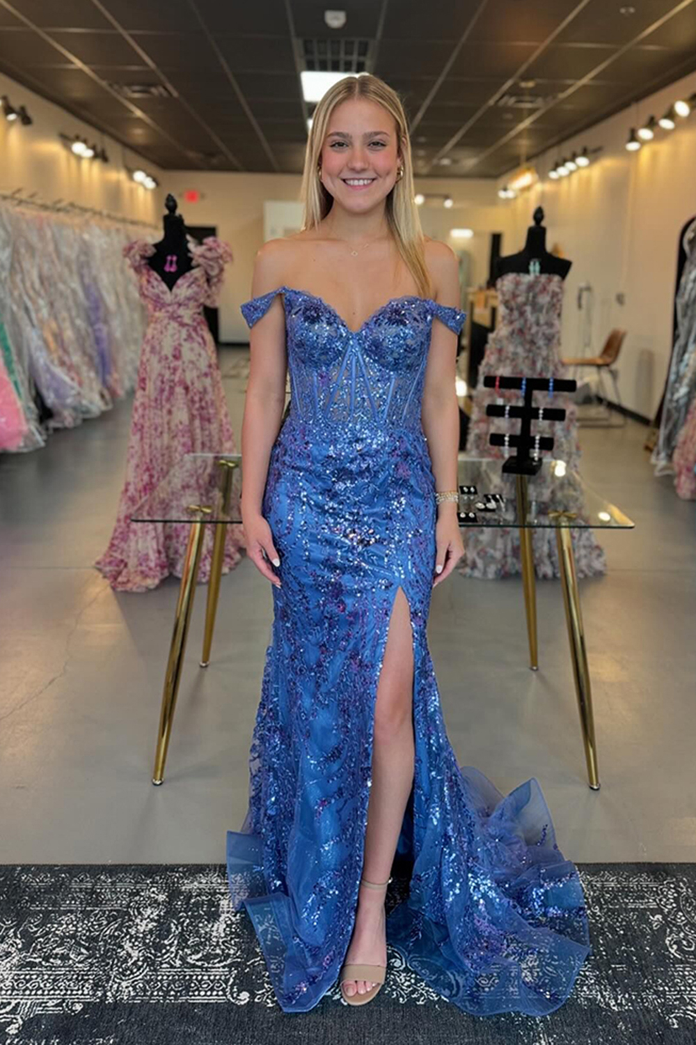 Sparkly Golden Off the Shoulder Mermaid Sequins Long Prom Dress with Slit