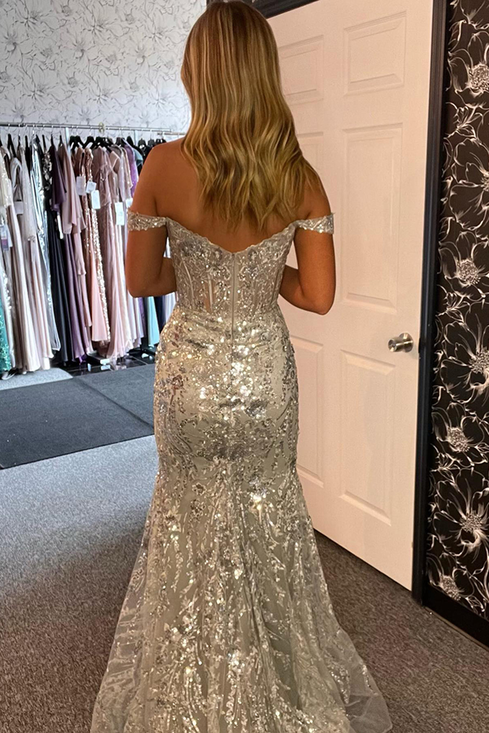 Black Sequins Mermaid Off the Shoulder Long Corset Prom Dress with Slit