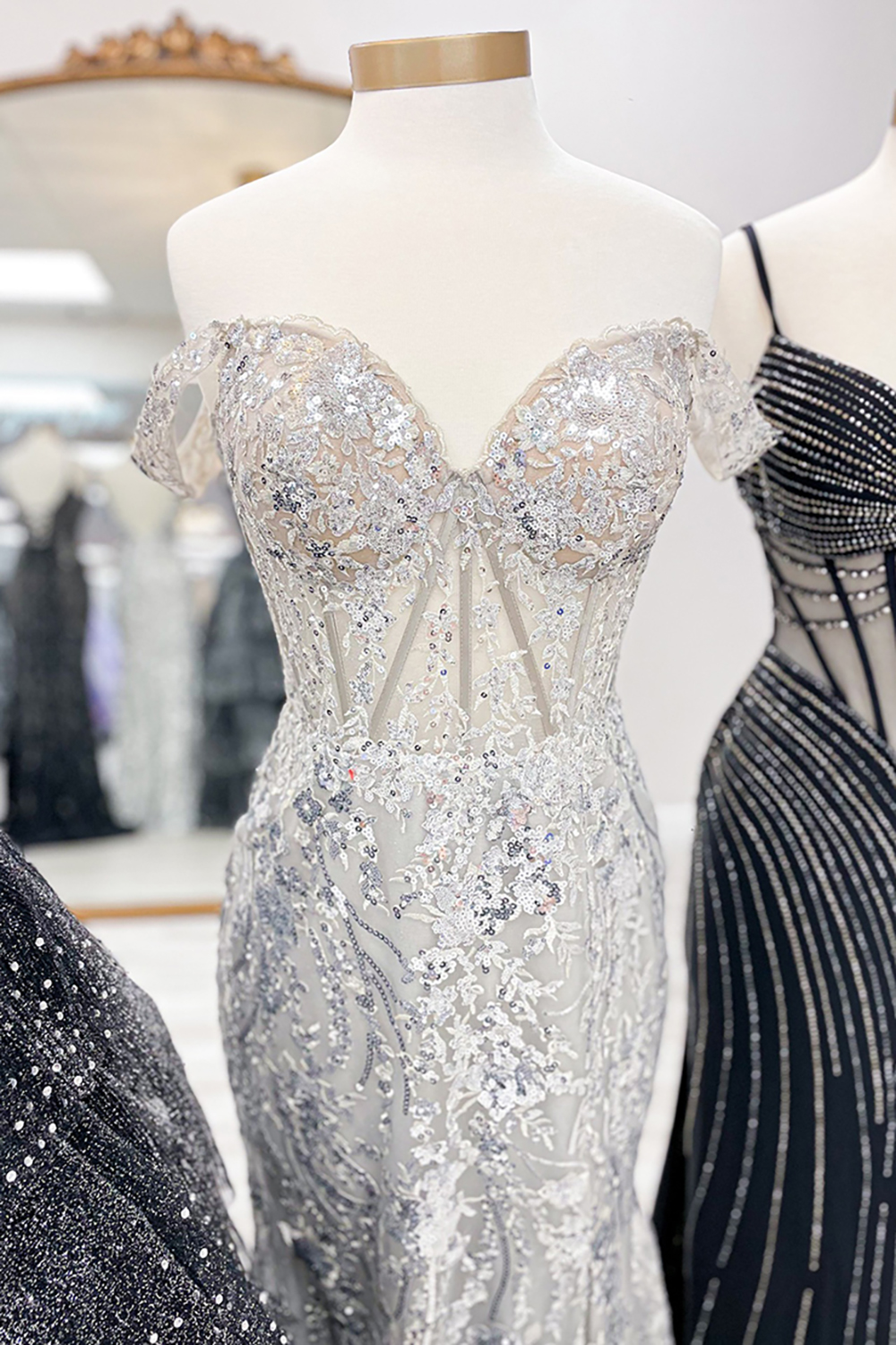 Sparkly Golden Off the Shoulder Mermaid Sequins Long Prom Dress with Slit