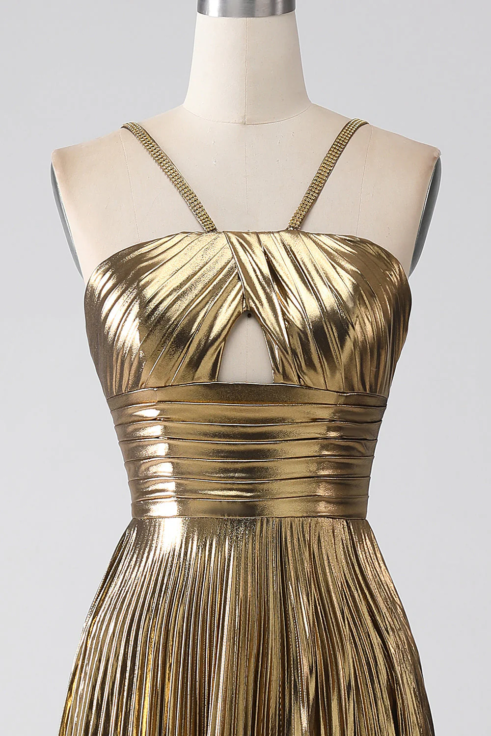 Sparkly Golden A Line Halter Neck Long Prom Dress with Keyhole Slit