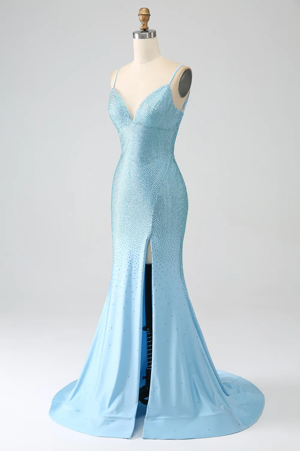 Blue Beading Prom Dress with Slit
