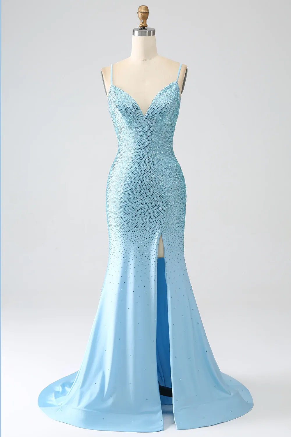 Blue Beading Prom Dress with Slit
