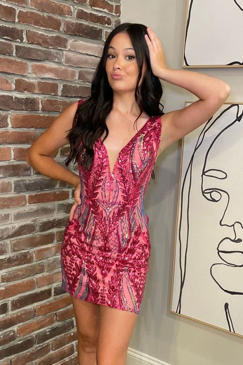 Fuchsia V Neck Bodycon Sequins Homecoming Dress