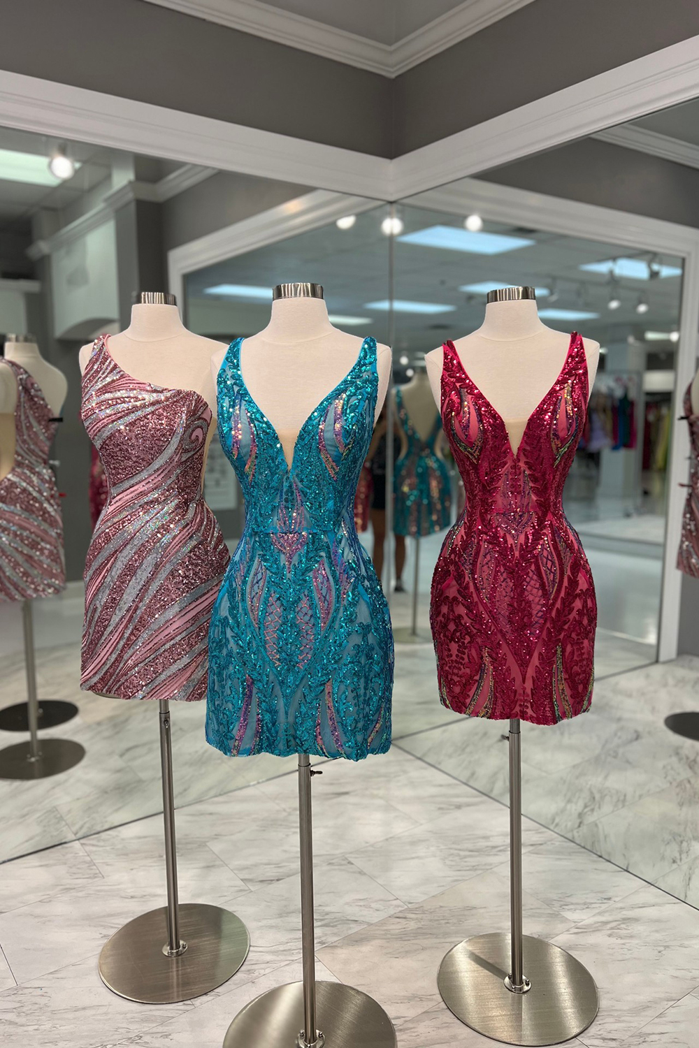 Sparkly Fuchsia V Neck Bodycon Sequins Homecoming Dress