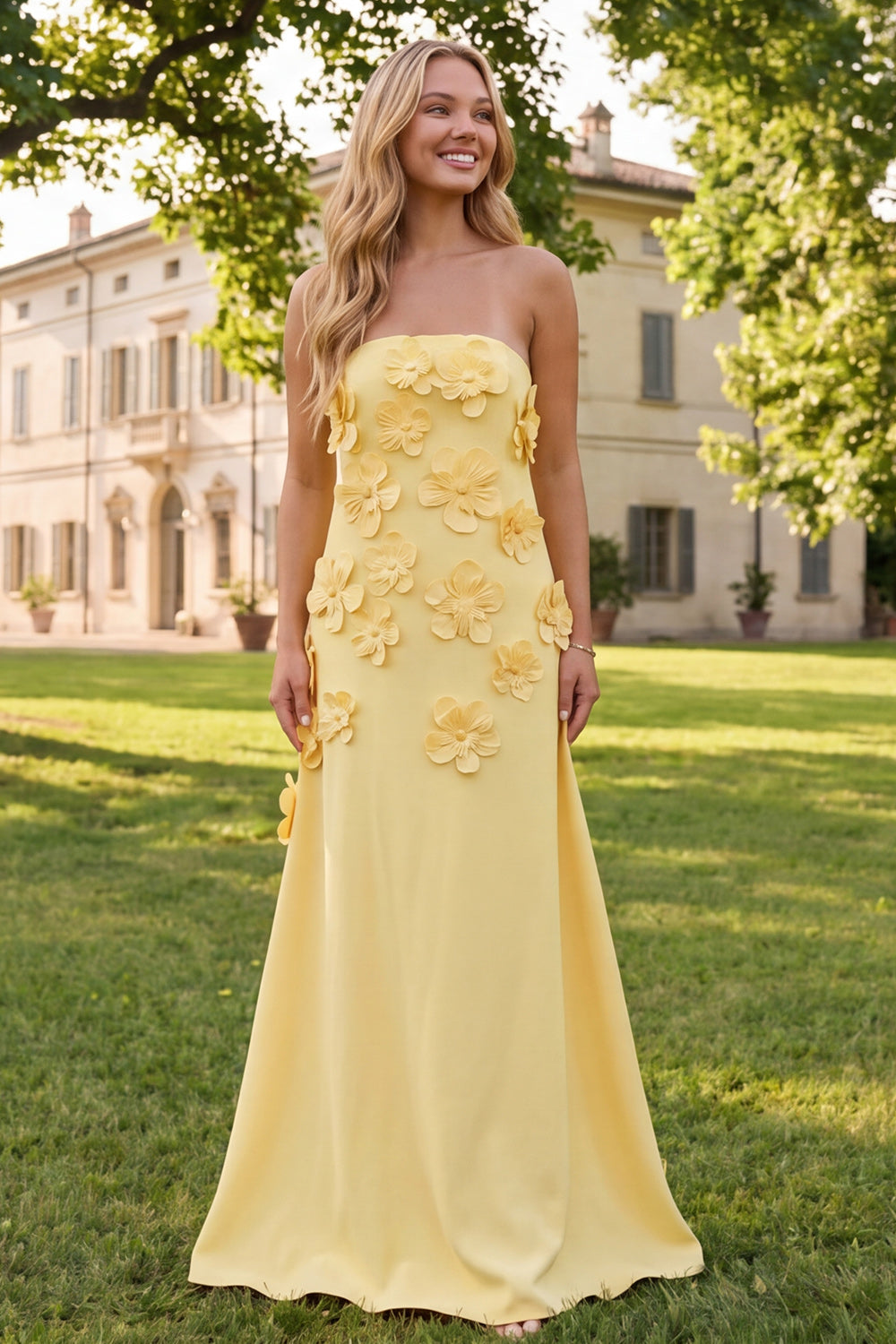 Blue Floral A Line Strapless Long Formal Dress