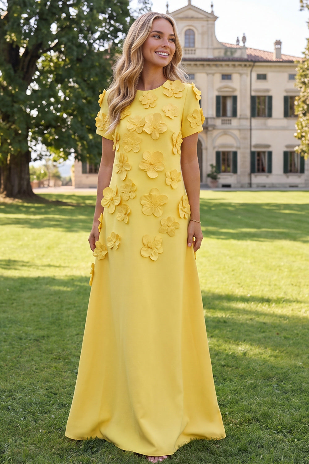 Floral Round Neck Blue A Line Long Formal Dress with Sleeves