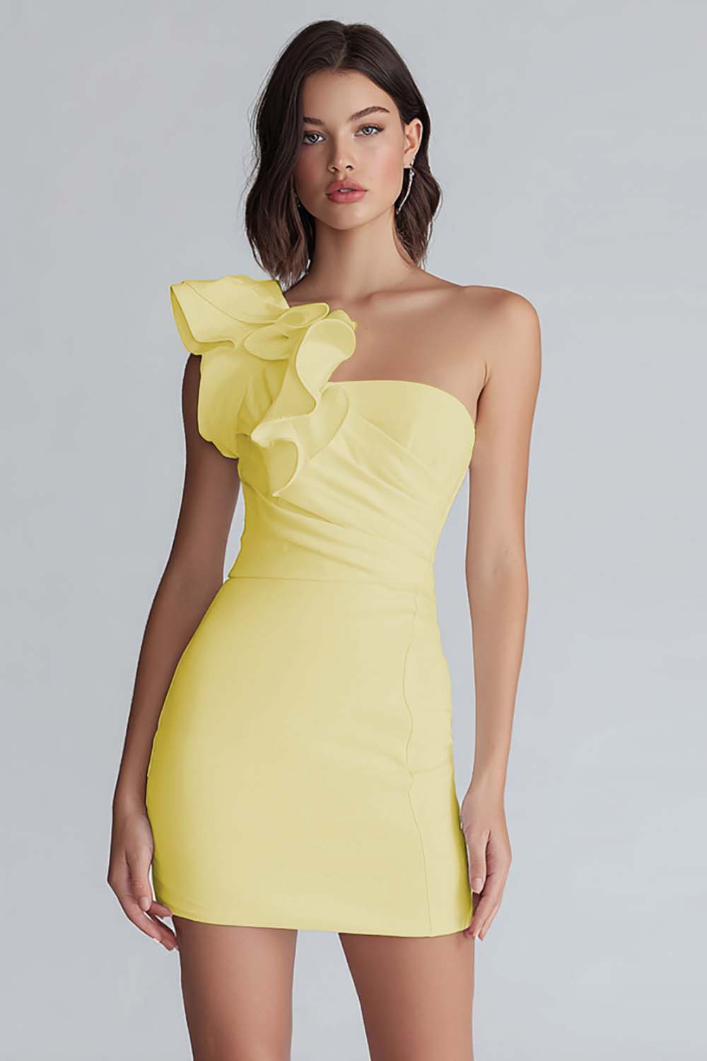 Simple Ivory One Shoulder Satin Tight Short Homecoming Dress