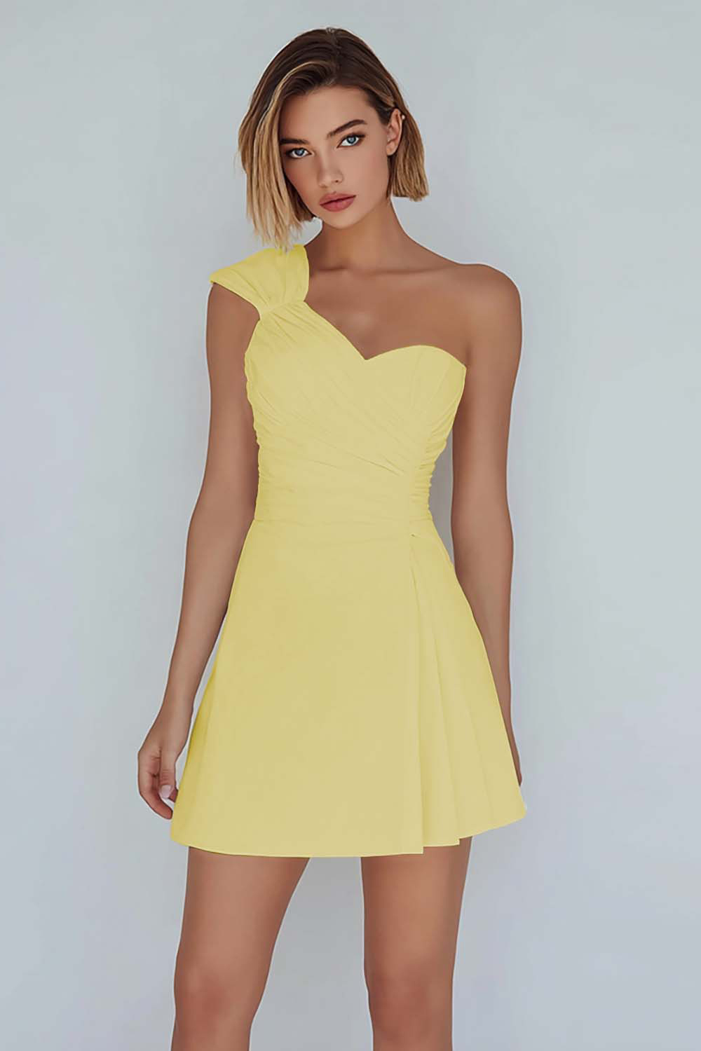 Ivory Ruched One Shoulder A-Line Satin Short Homecoming Dress