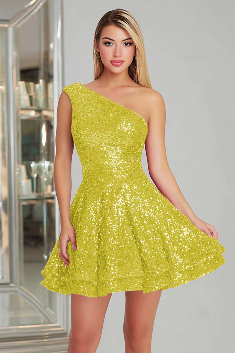 Sparkly Fuchsia One Shoulder A-Line Short Sequin Homecoming Dress