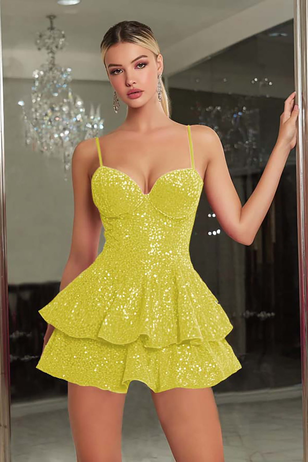 Sparkly Fuchsia A-Line Tiered Cami Short Sequin Homecoming Dress