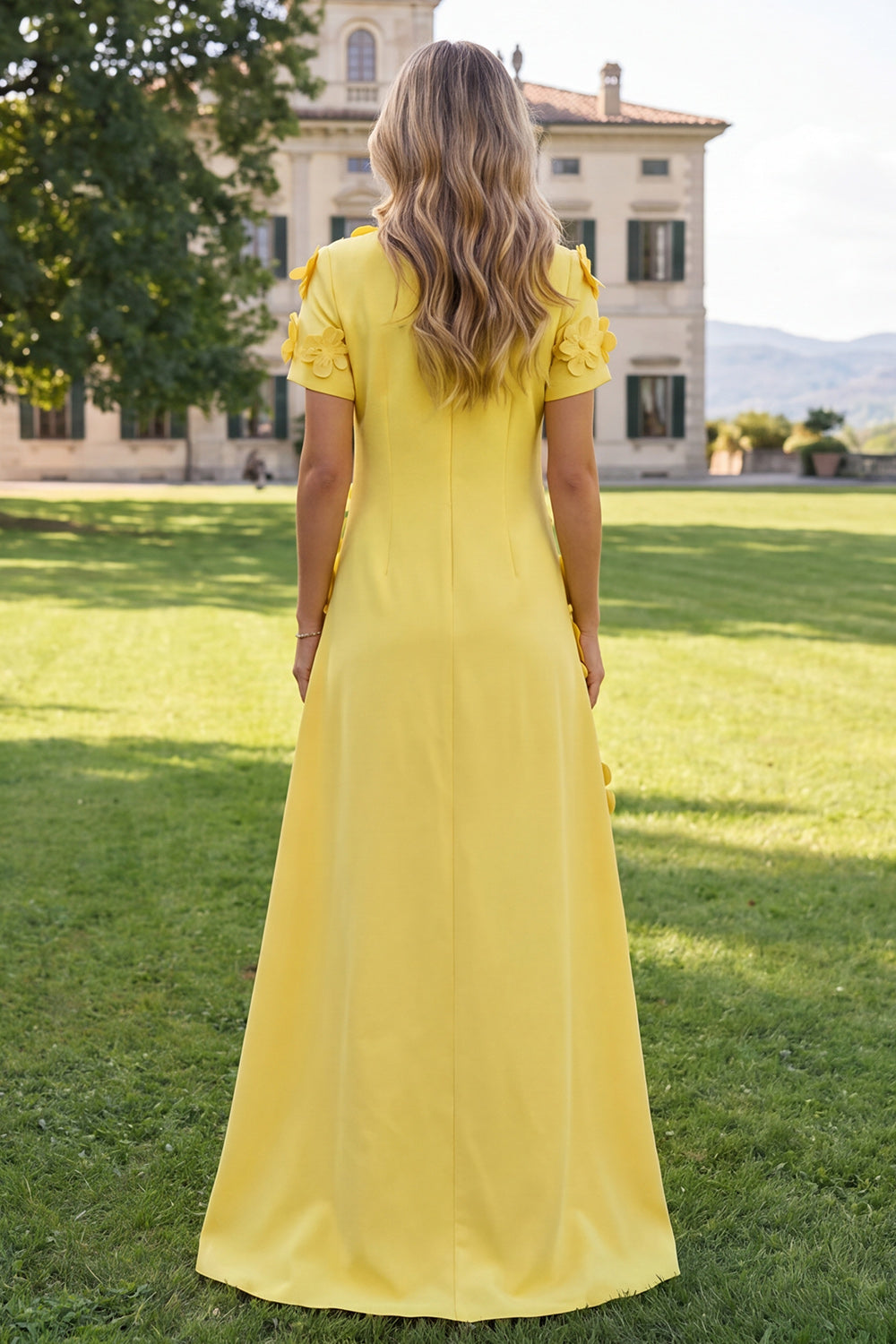 Floral Round Neck Blue A Line Long Formal Dress with Sleeves