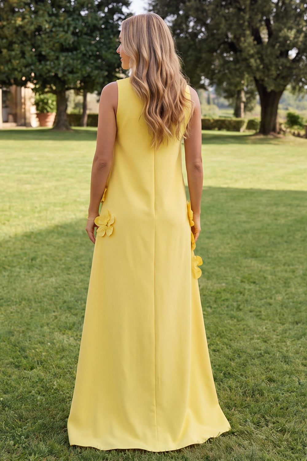 Blue Floral A Line High Neck Long Formal Dress