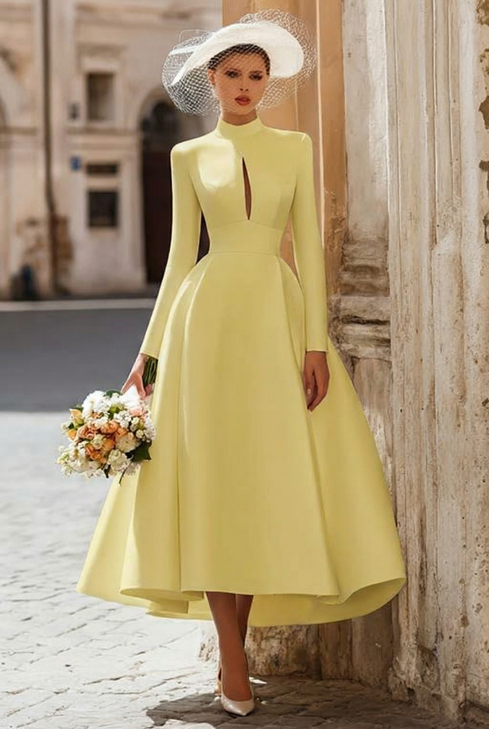 Vintage Ivory High Neck A Line Keyhole Long Sleeves Wedding Dress