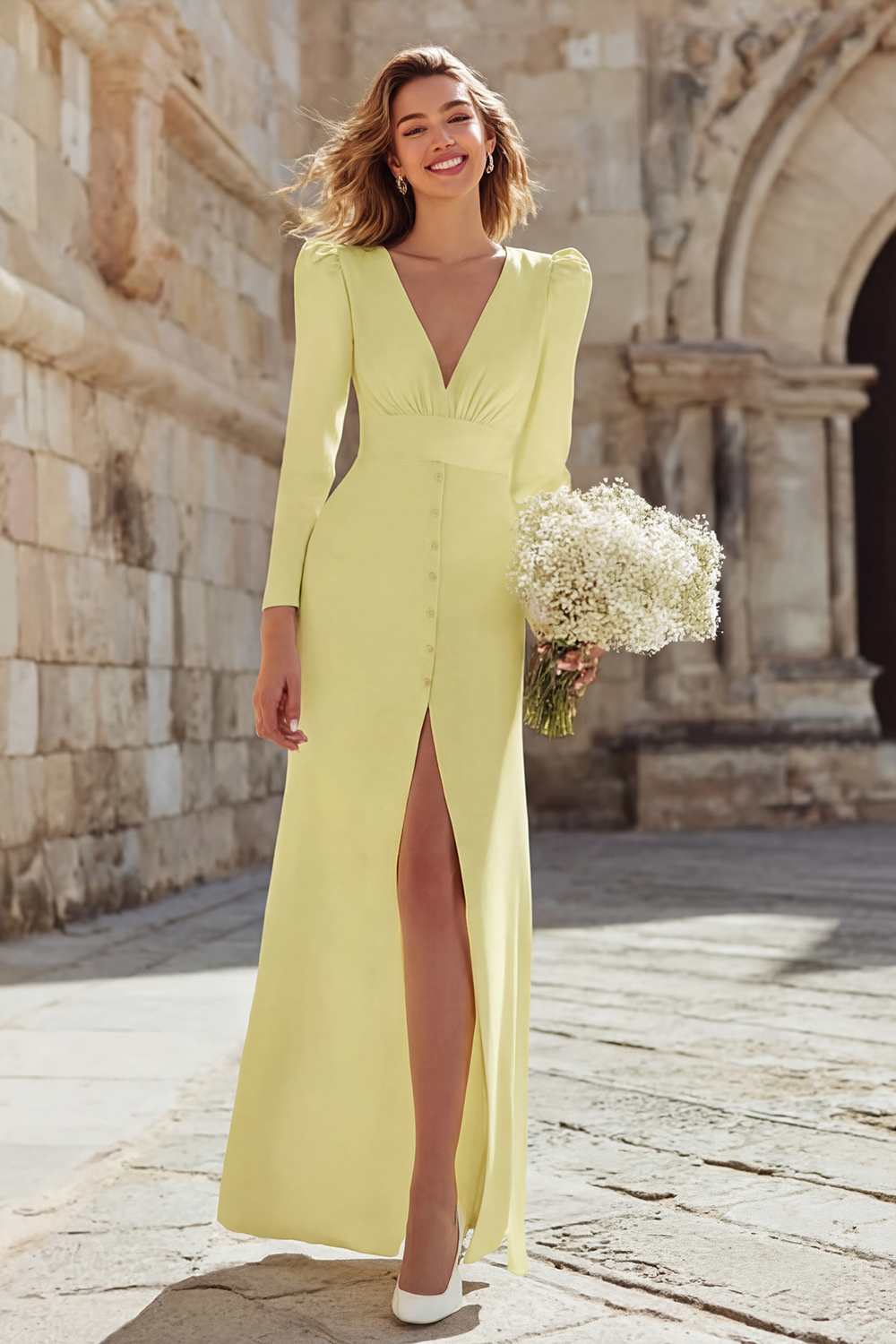 Ivory Sheath V-Neck Long Sleeves Rehearsal Dinner Dress with Slit