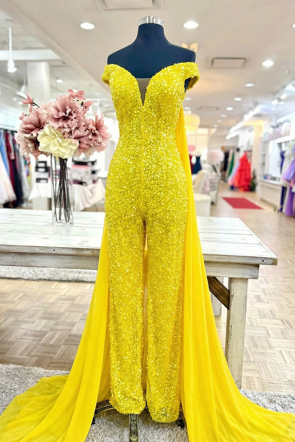 Sparkly Royal Blue Long Sequins Homecoming Jumpsuits with Cape