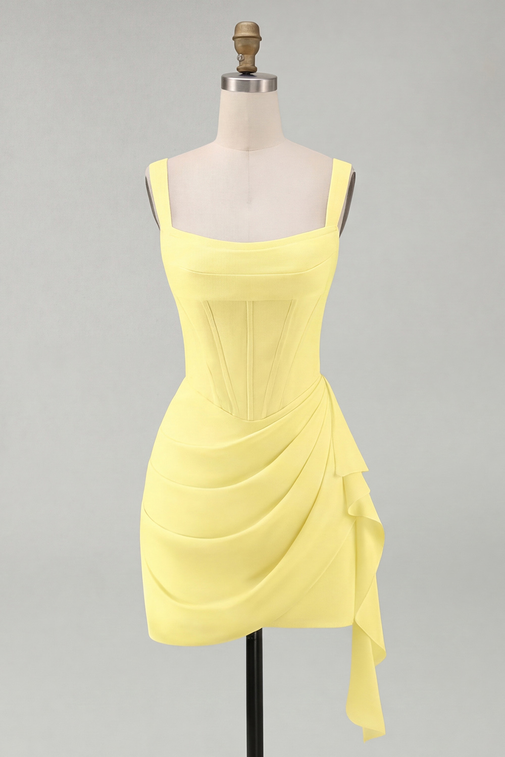Cute Ivory Corset Satin Thick Straps Ruched Short Graduation Dress with Ruffles