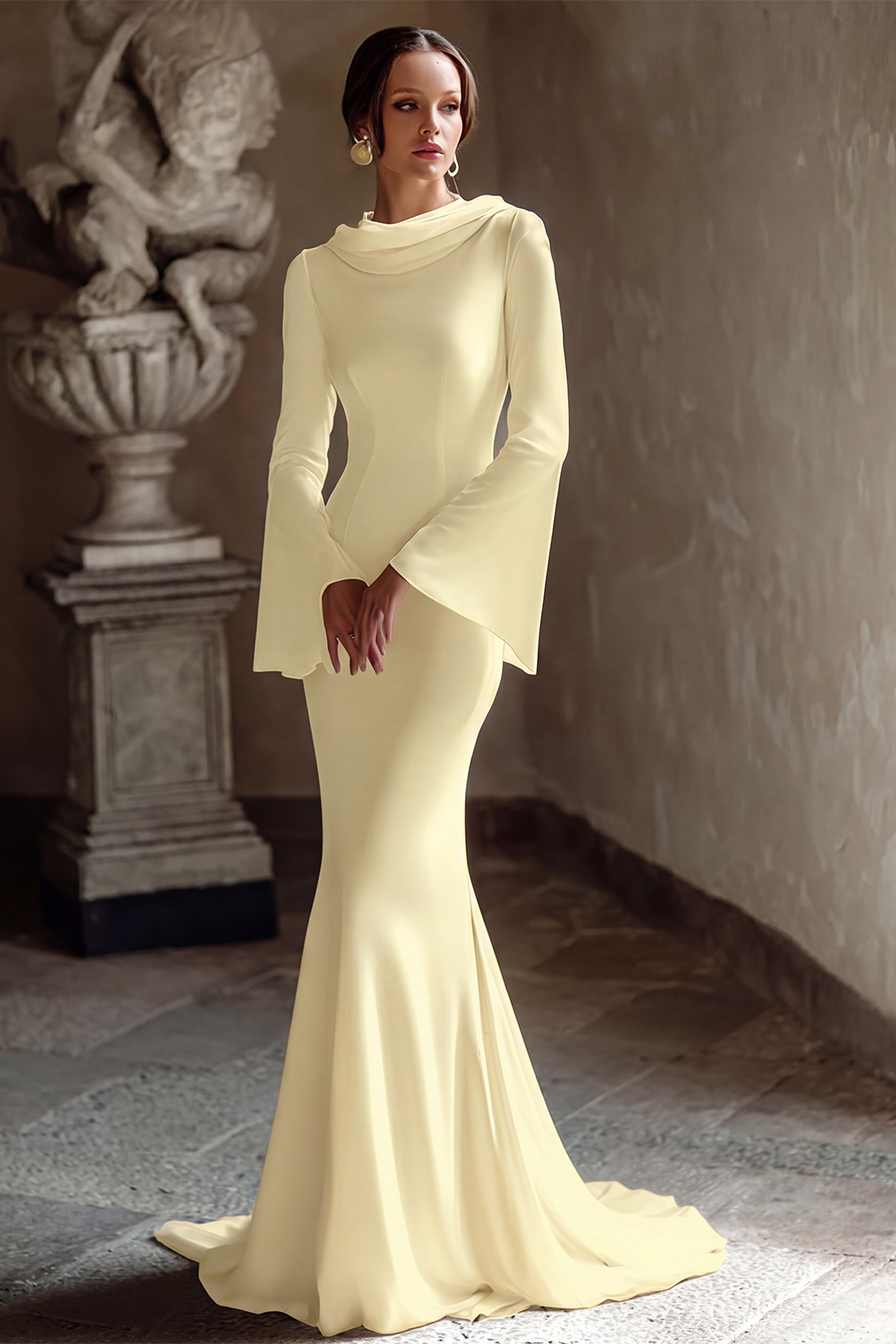 Ivory Mermaid Chiffon Cowl Neck Sweep Train Vintage Wedding Dress