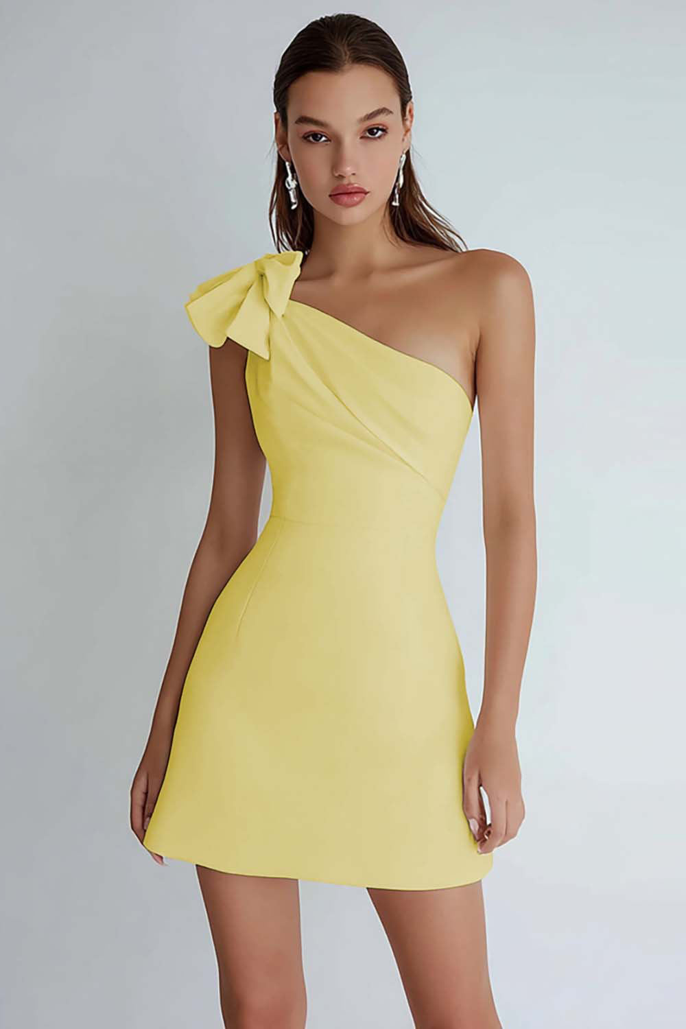 Ivory Satin A Line One Shoulder Short Homecoming Dress with Bow