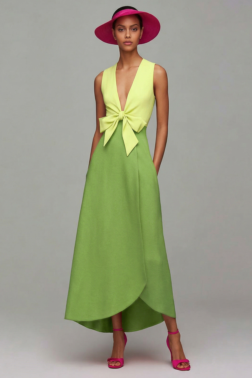 Orange and Fuchsia Deep V-Neck Long Pageant Dress with Bow