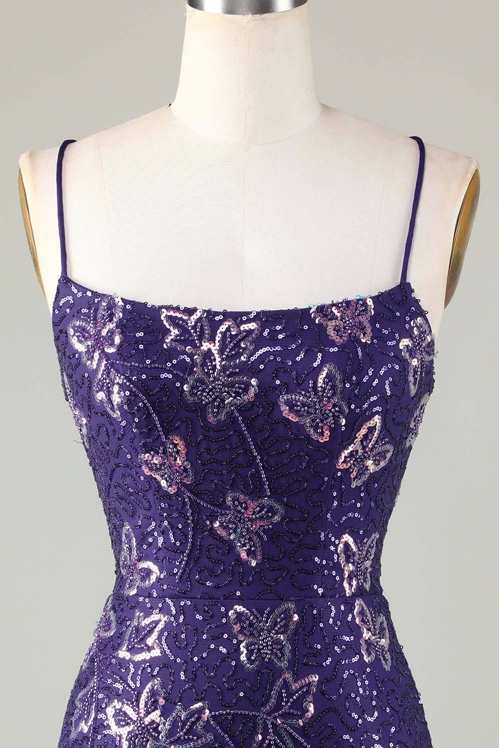 Sparkly Sheath Spaghetti Straps Purple Sequins Short Homecoming Dress with Criss Cross Back