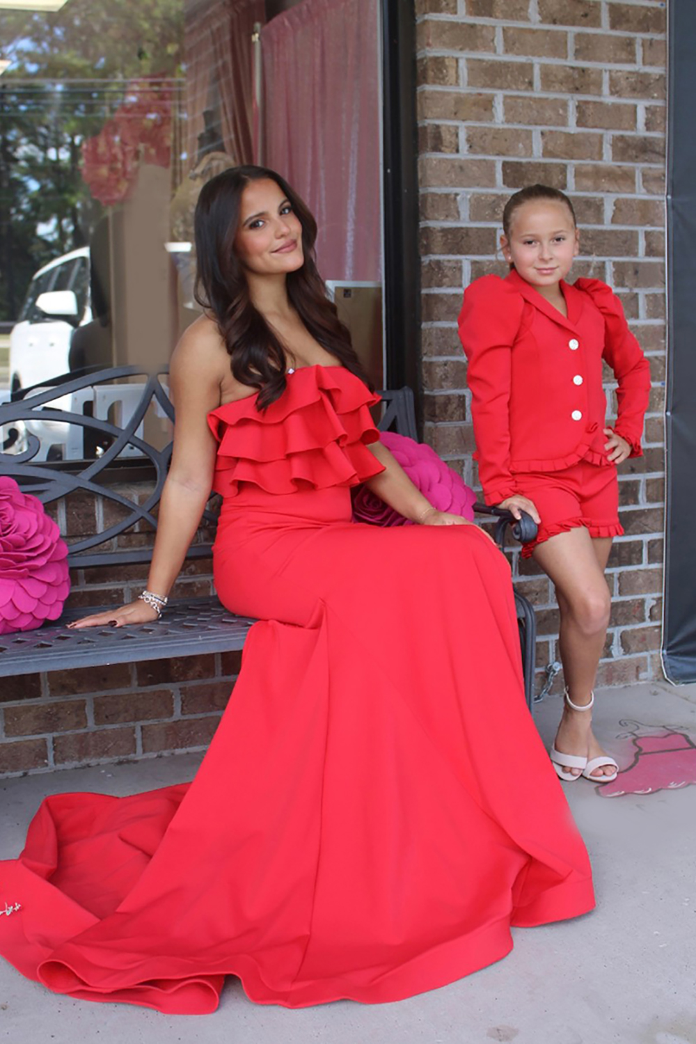 Red Strapless Tiered Mermaid Long Prom Dress with Ruffles