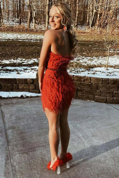 Sheath Strapless Red Short Homecoming Dress with Feather