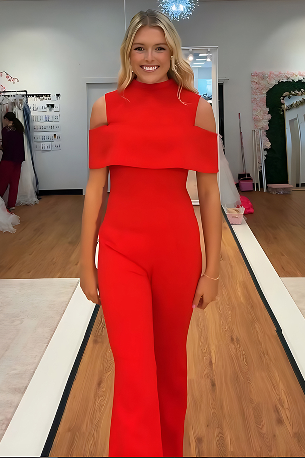 Red Cold Shoulder Satin Tight Long Homecoming Jumpsuits