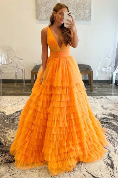 Hellymoon Women Orange Long Prom Dress Tulle V-Neck Sleeveless Open Back Formal Dress