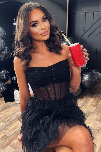 Cute A Line Strapless Black Corset Homecoming Dress with Ruffles