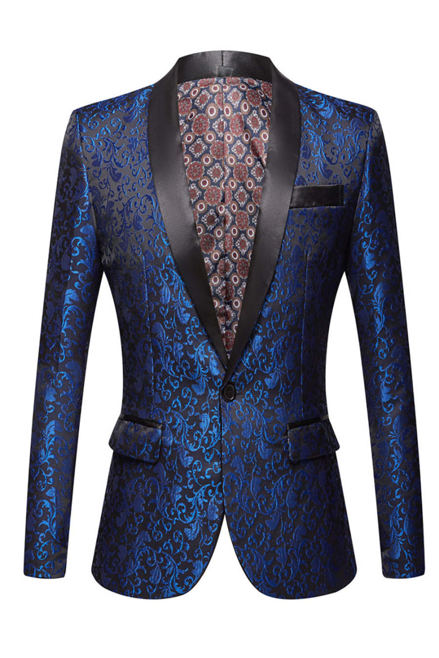 One Button Blue Shawl Lapel Jacquard Men's Ball Blazer