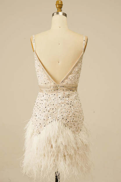White Spaghetti Straps Sequins Short Homecoming Dress with Feather