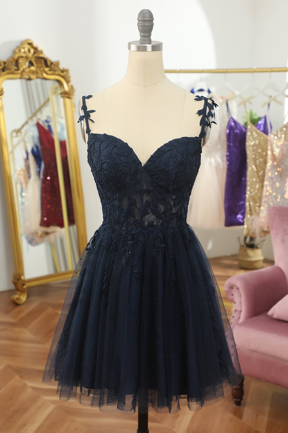 Navy Spaghetti Straps Short Homecoming Dress with Appliques