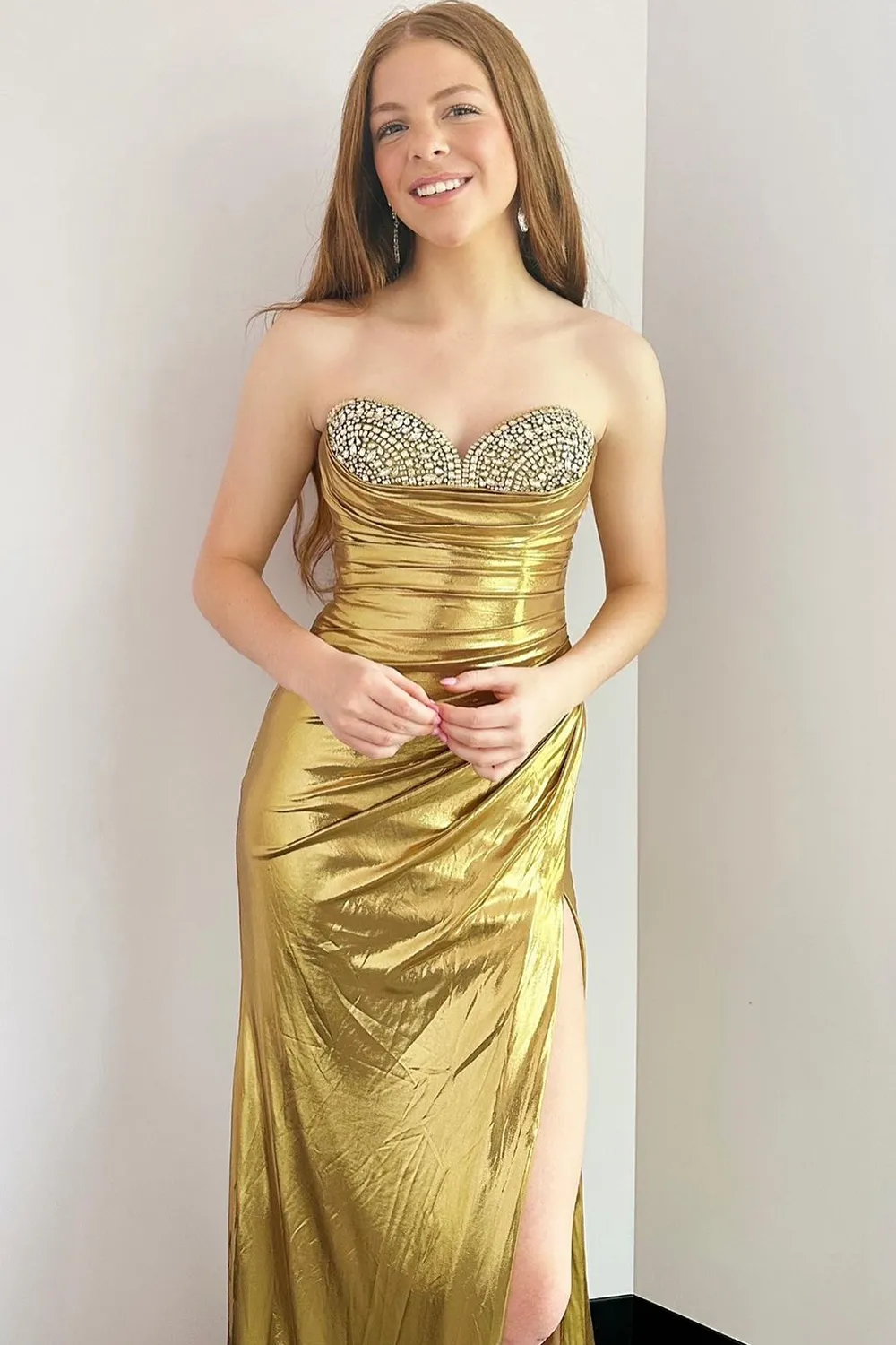 Silver Metallic Strapless Mermaid Long Prom Dress with Beading