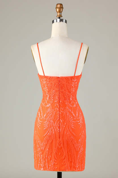 Sparkly Sheath Spaghetti Straps Orange Sequins Corset Homecoming Dress