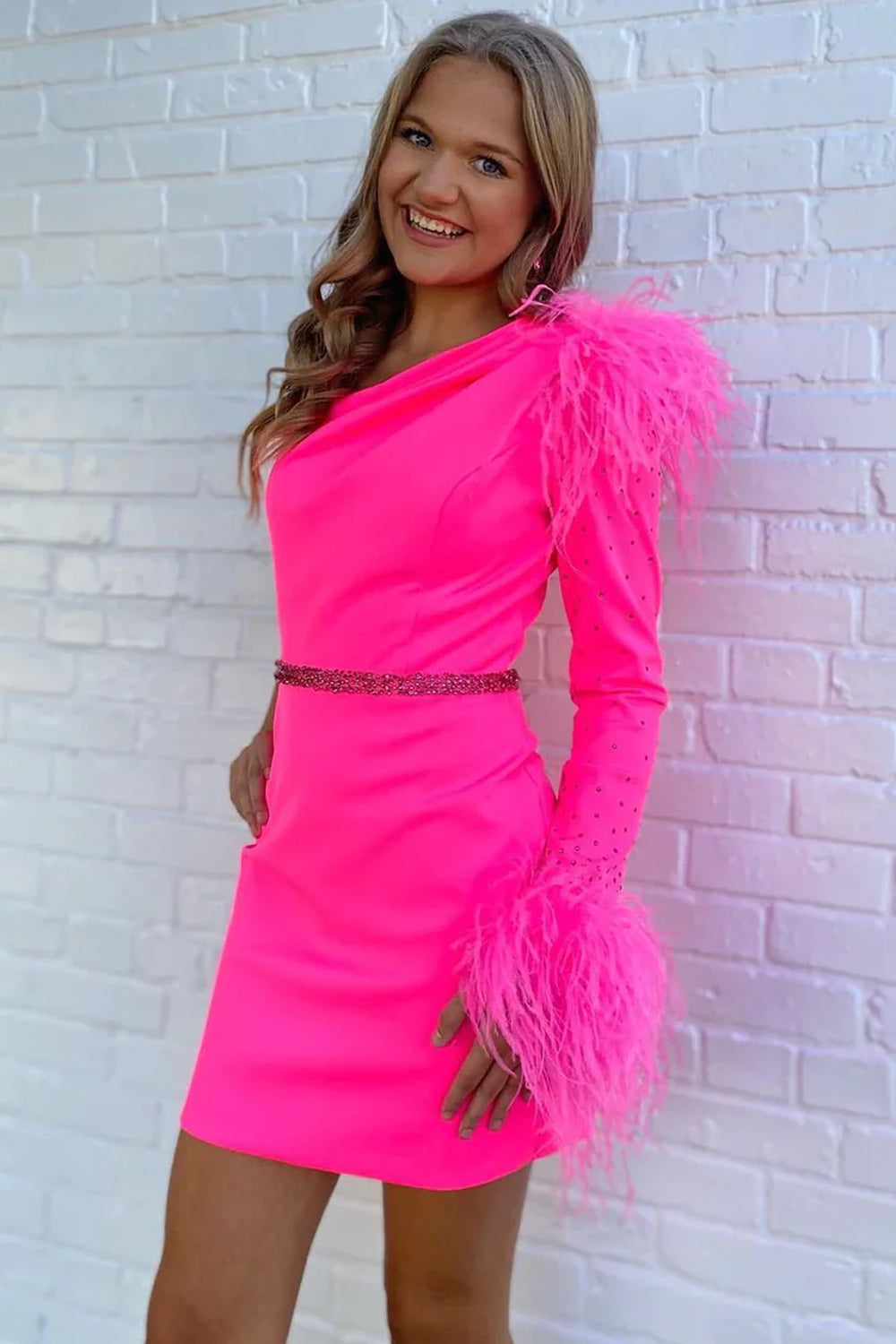 Bodycon One Shoulder Hot Pink Short Homecoming Dress with Feather