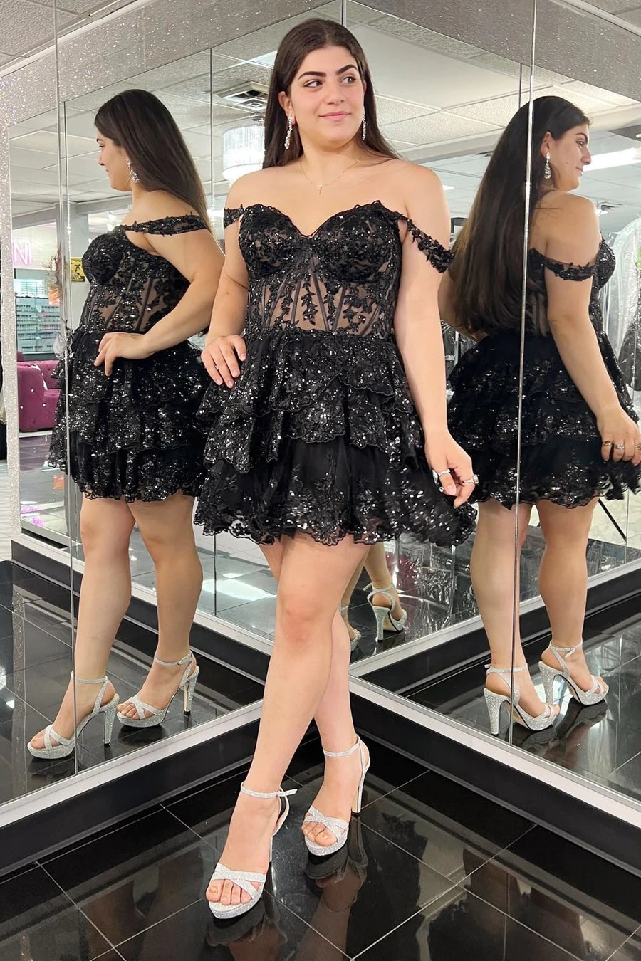 Unique A Line Off the Shoulder Plus Size Black Corset Homecoming Dress