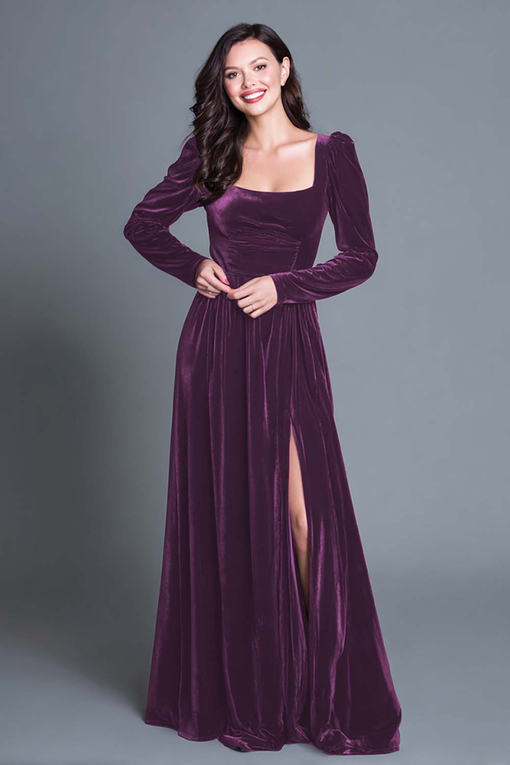Burgundy A-Line Velvet Long Sleeves Holiday Party Dress with Slit