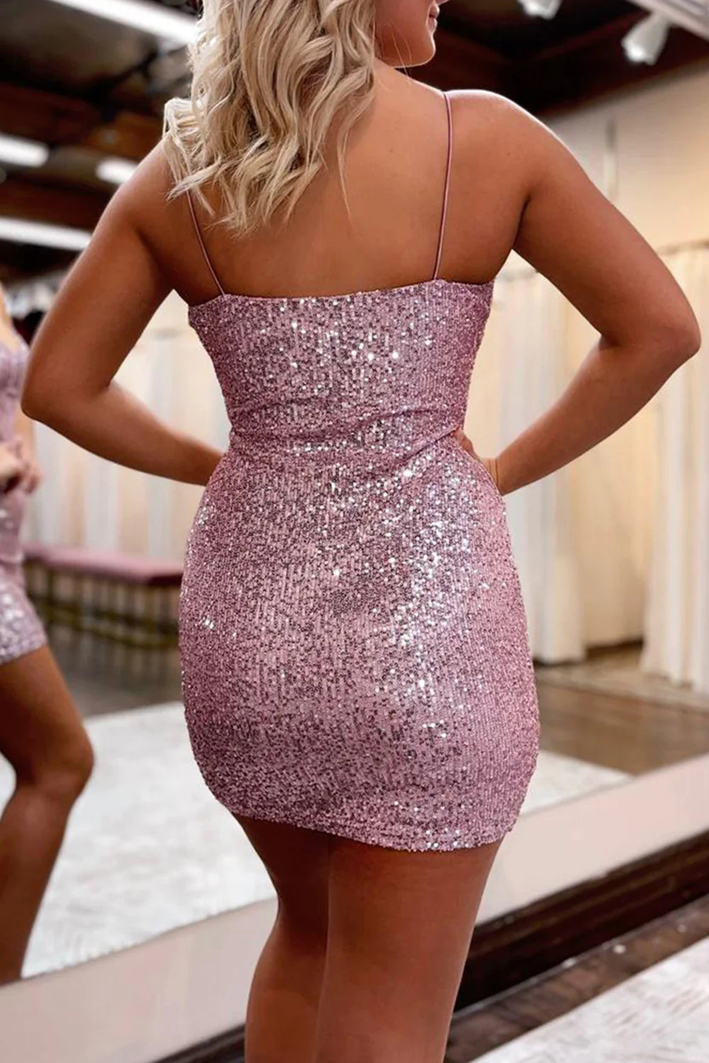 Sheath Spaghetti Straps Lilac Sequins Short Homecoming Dress