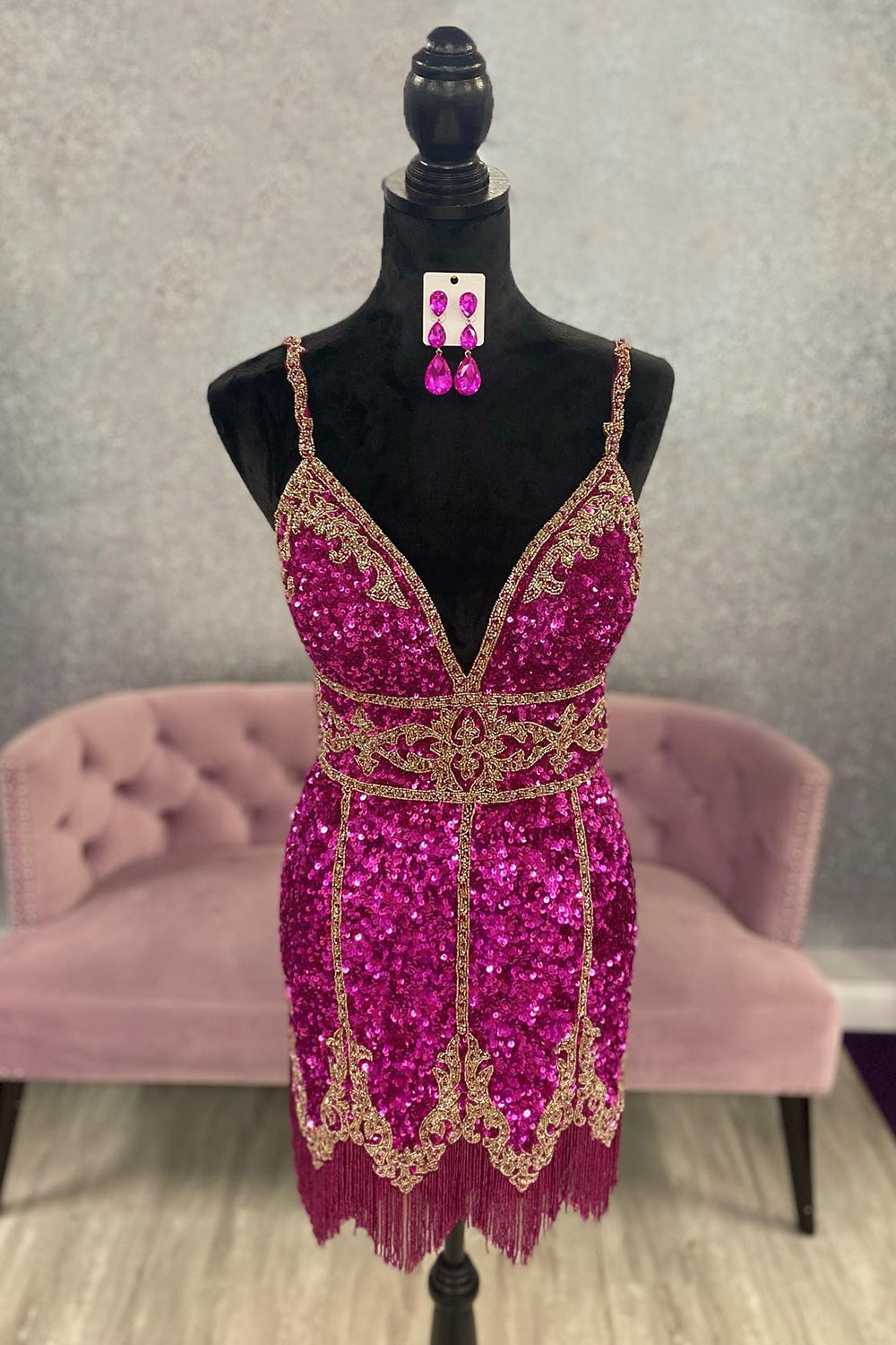 Shetah Fuchsia Sequins Spaghetti Straps Short Homecoming Dress