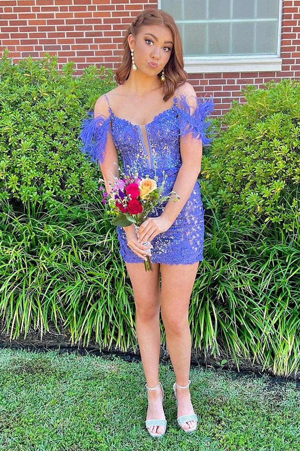 Sheath Off the Shoulder Galaxy Blue Sequins Short Homecoming Dress with Feather