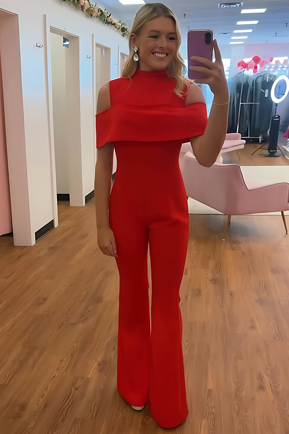 Red Cold Shoulder Satin Tight Long Homecoming Jumpsuits