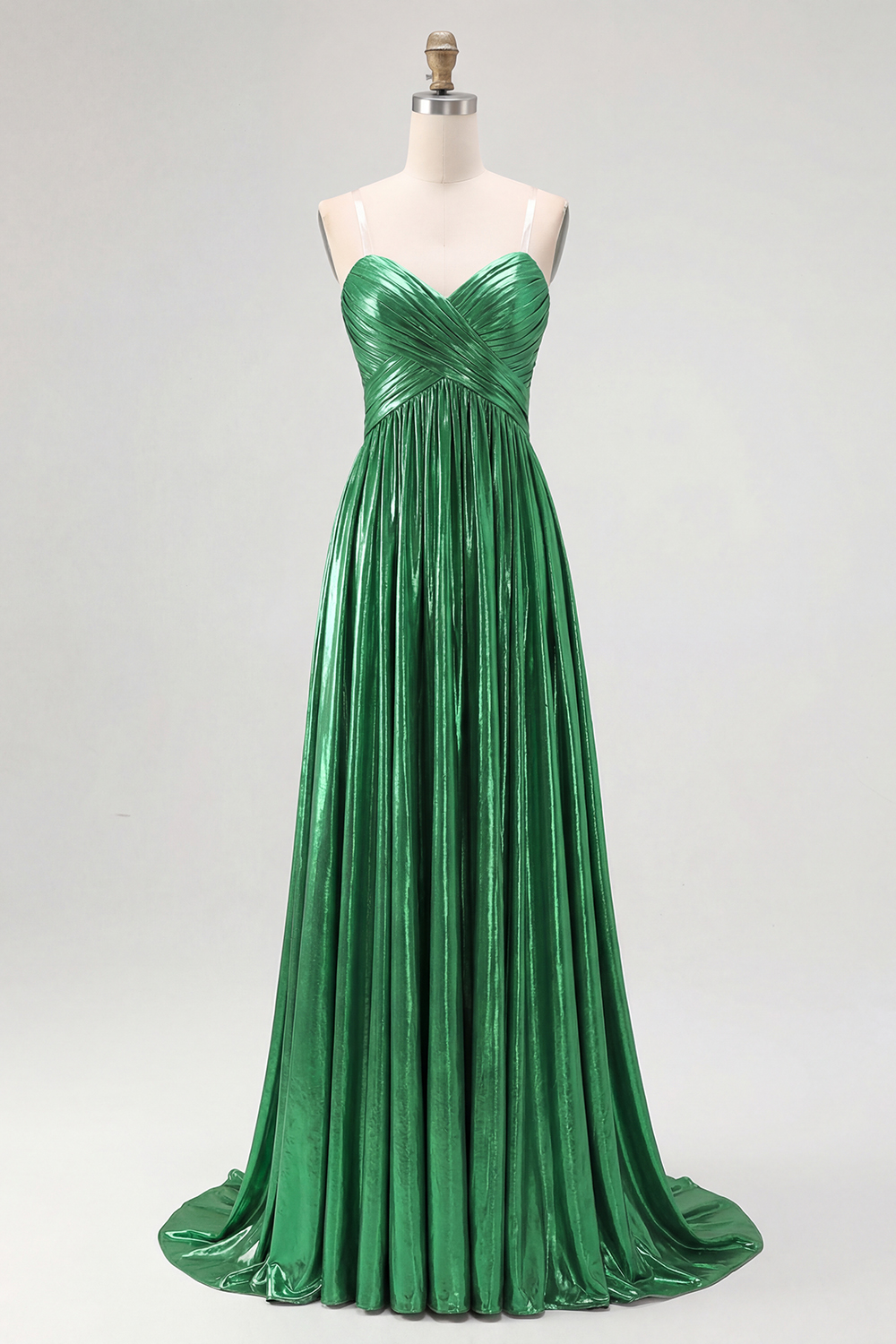 Metallic Gold Satin Deep V Neck Pleated A Line Long Formal Dress