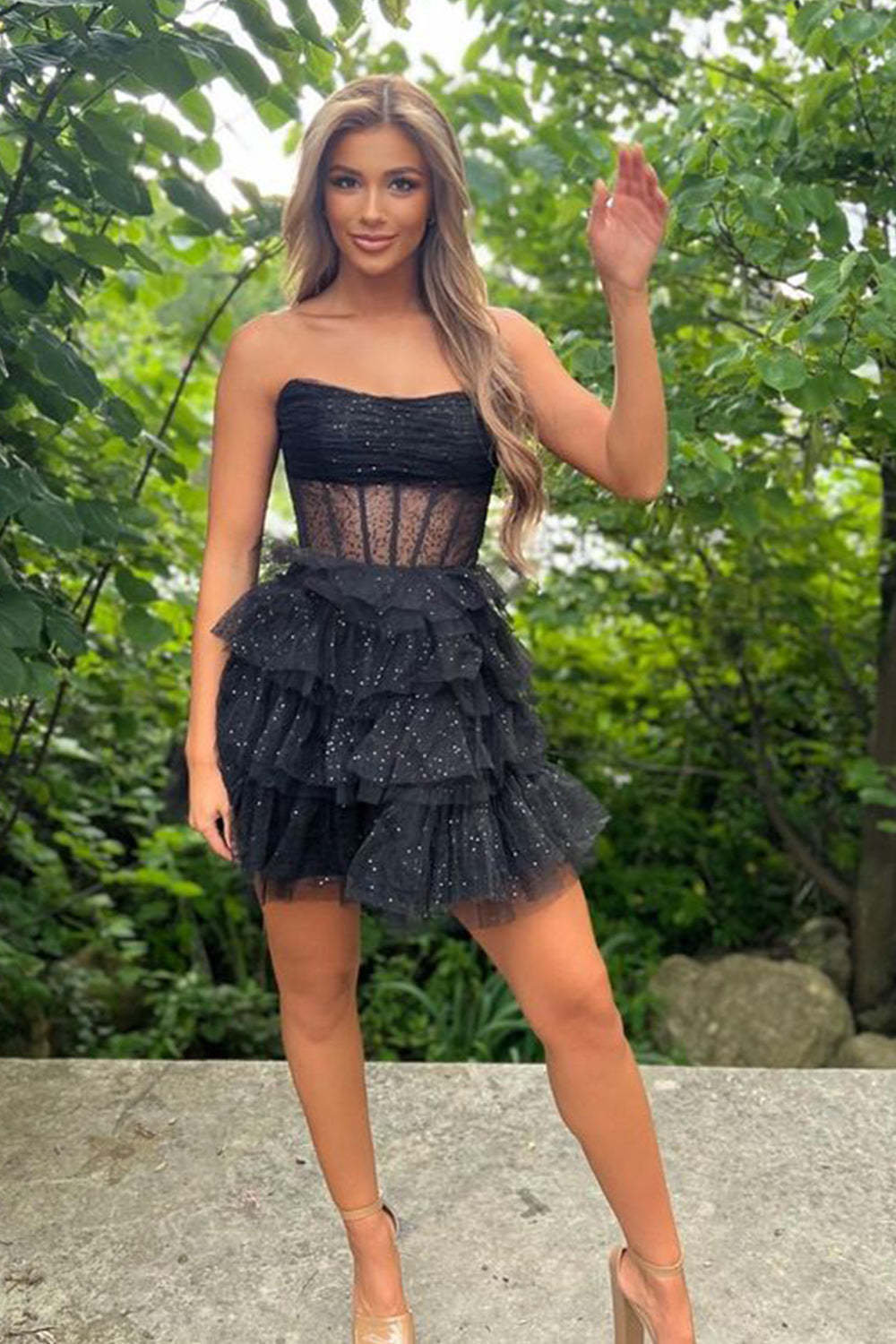Stylish A Line Strapless Black Corset Homecoming Dress with Ruffles
